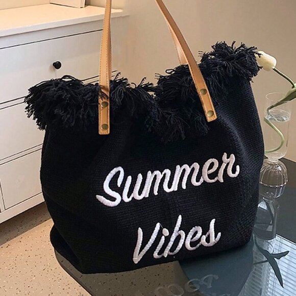 Black Casual Women's Large Capacity Fringed Canvas Tote Bag With Letter Design - Picture 3 of 3